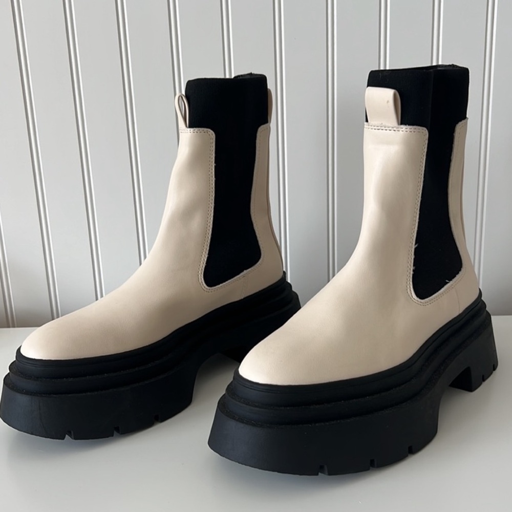 Mango Women's Cream with Black Ankle Sock Platform Boots 7.5 (38) ThickLug Soles - Picture 14 of 16